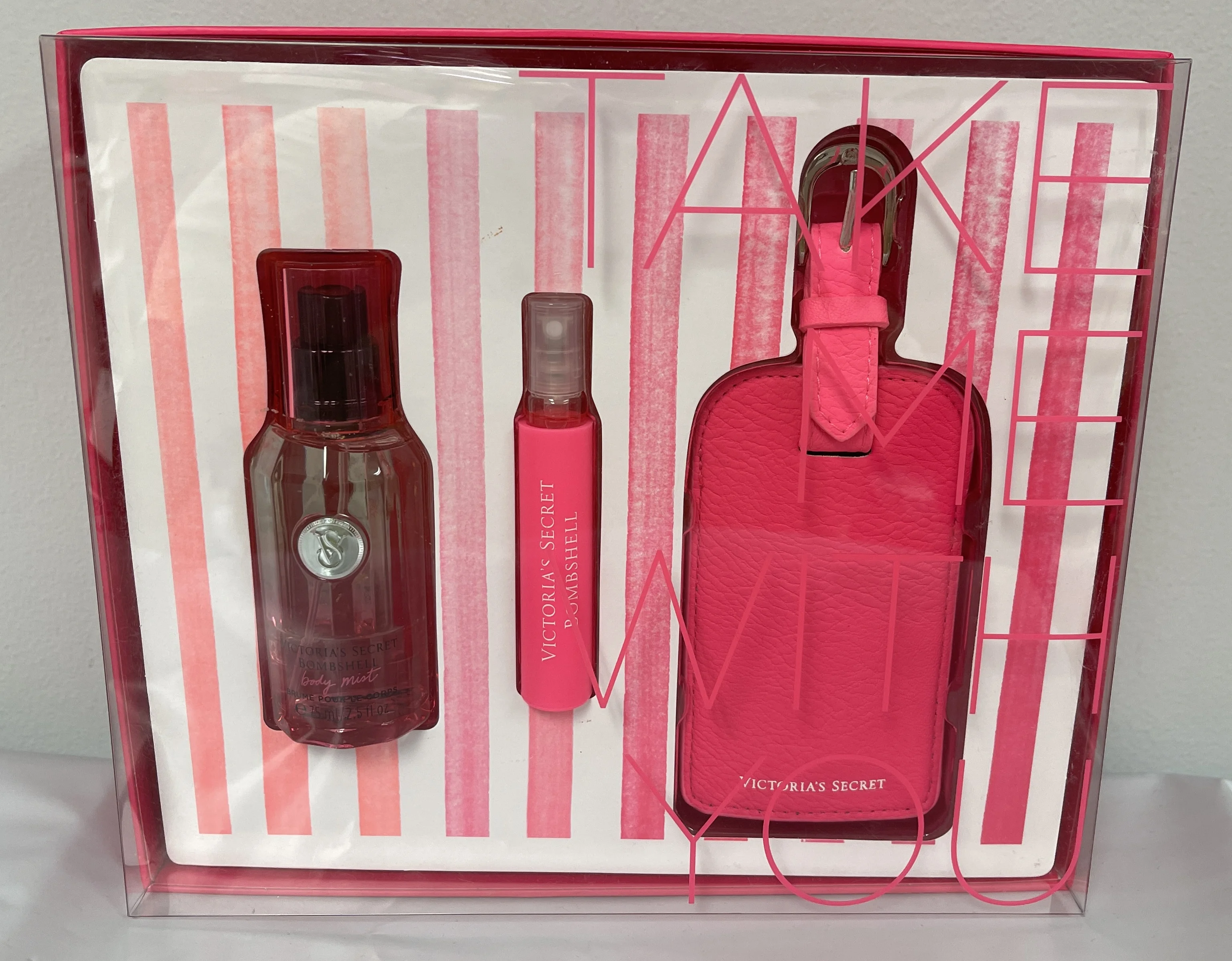Victoria's Secret Bombshell Scented Body Mist 2.4 fl oz Eau De Parfum Perfum .24 fl oz Luggage Tag Travel Set