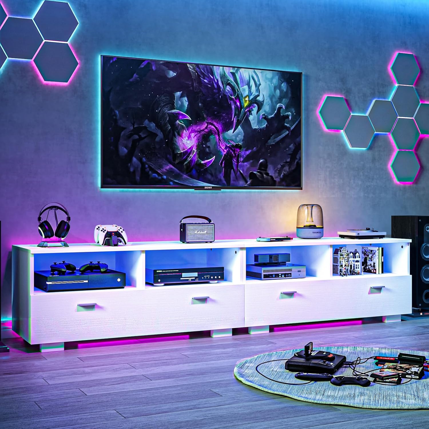 4 EVER WINNER TV Stand for 75+ Inch TV, LED TV Stands for Living Room with Storage Entertainment Center, Modern TV Console Table with Drawers for Bedroom, White