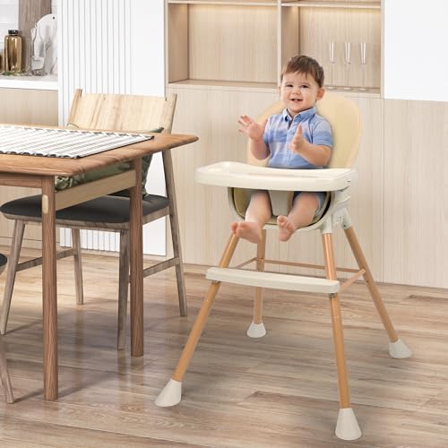 6-in-1 Baby High Chair, Convertible High Chairs for Babies and Toddlers, Infant Feeding Highchair with Cushion, 5-Point Harness, Footrest, Removable Tray, and Adjustable Legs, Beige