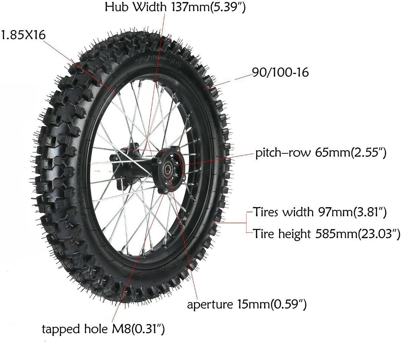 16in 90/100-16 Rear Tire Rim Wheel & Sprocket Tire Assembly for Dirt Pit Bike TTR125 KX100 CRF100
