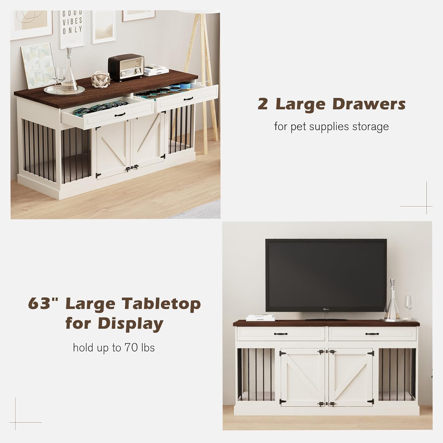 Dog Crate Furniture - Indoor Heavy Duty Wooden Furniture Style Dog Crate with 2 Doors, Room Divider and 2 Drawer - 63