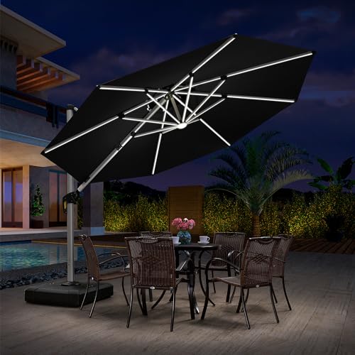 PURPLE LEAF 10ft Patio Umbrella With Base Solar powered LED Cantilever Umbrella with LED lights Windproof Outdoor Offset Umbrella for Garden Deck Pool Patio, Navy Blue