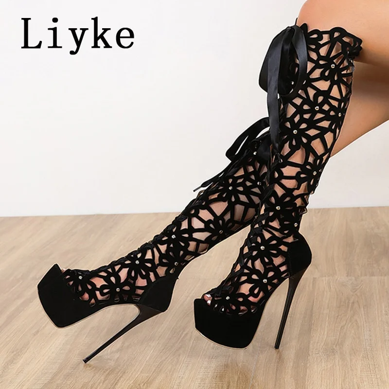 16CM Ultra Thin High Heels Sexy Nightclub Hollow Out Over The Knee Boots Women Peep Toe Lace-Up Zip Platform Shoes Sandals Black 40