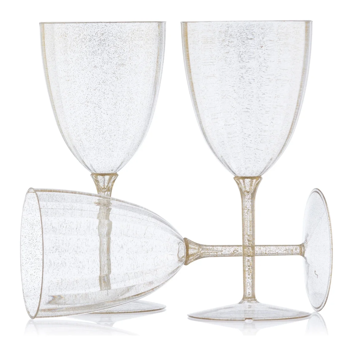 VeZee Disposable Plastic Gold Glitter Disposable Wine Glasses Goblet 7 Oz Pack of 16