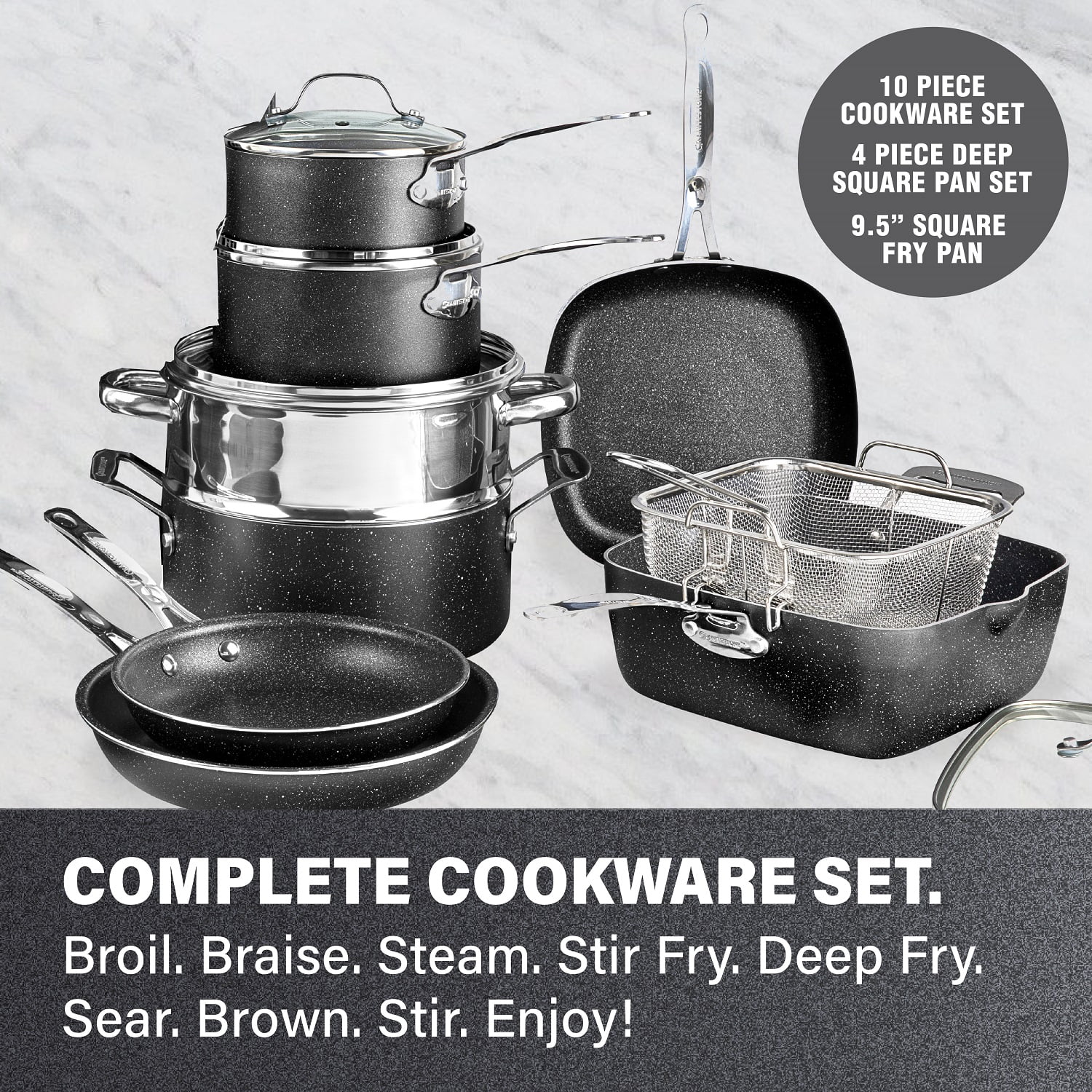 Granitestone Pots and Pans Set, 20 Piece Complete Cookware + Bakeware Set with Ultra Nonstick 100% PFOA Free–Includes Frying Pans, Saucepans, Stock Pots, Steamers, Cookie Sheets and Baking Pans