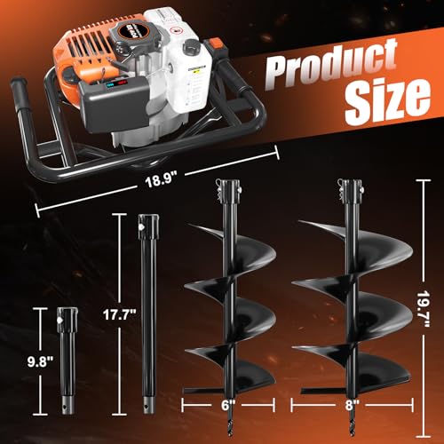 Post Hole Digger, 62cc Auger Post Hole Digger, Gas Powered Earth Digger with 2 Auger Drill Bits(6
