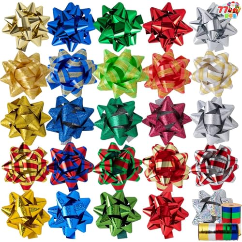 JOYIN 75PCS Christmas Bows Assortment with 2 Rolls of Curling Ribbons,5 Colors Self Adhesive Gift Bows for Gift Wrapping, Birthday Wedding Easter Xmas Presents Boxes Decoration