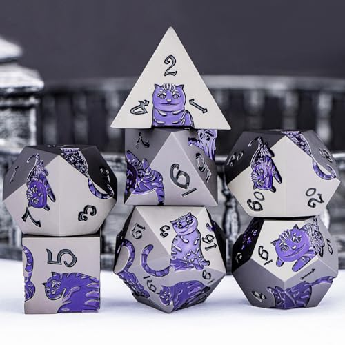 Metal DND Cat Dice 7PCS Polyhedral RPG Dice Set with Gift Case for Dungeons Dragons Role Playing Game, D and D Dice D6 D8 D10 D12 D20 D% (Purple Yellow)