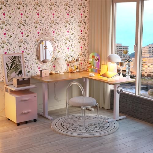 FEZIBO L Shaped Standing Desk, Electric Stand up Height Adjustable Home Office Table, Sit Stand Desk, White Top