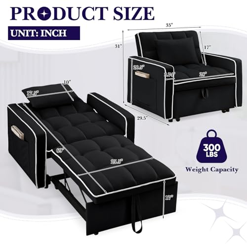 Convertible Sleeper Chair Bed, 3 in 1 Modern Velvet Pull Out Sofa Bed Chair, Small Tufted Single Sleeper Chair with Adjustable Backrest/Pillow for Living Room, Small Spaces, Apartment, Office, Beige