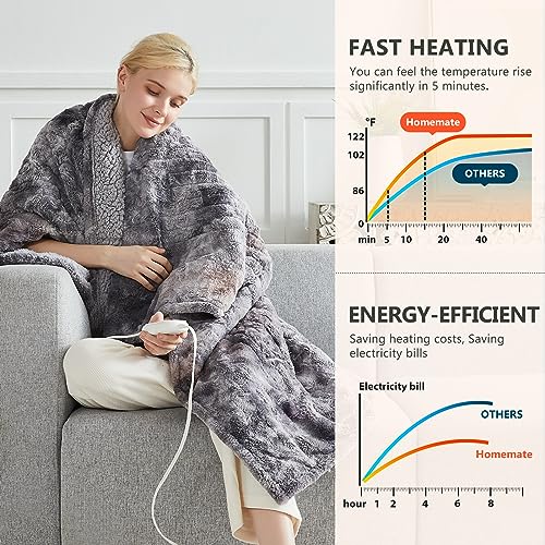 Homemate Heated Blanket Electric Throw - 50x60 Heating Blanket Throw 5 Gears Auto-Off 10 Heat Levels Heat Blanket Over-Heat Protection Luxury Faux Fur Sherpa Heater Blanket Electric ETL Certification