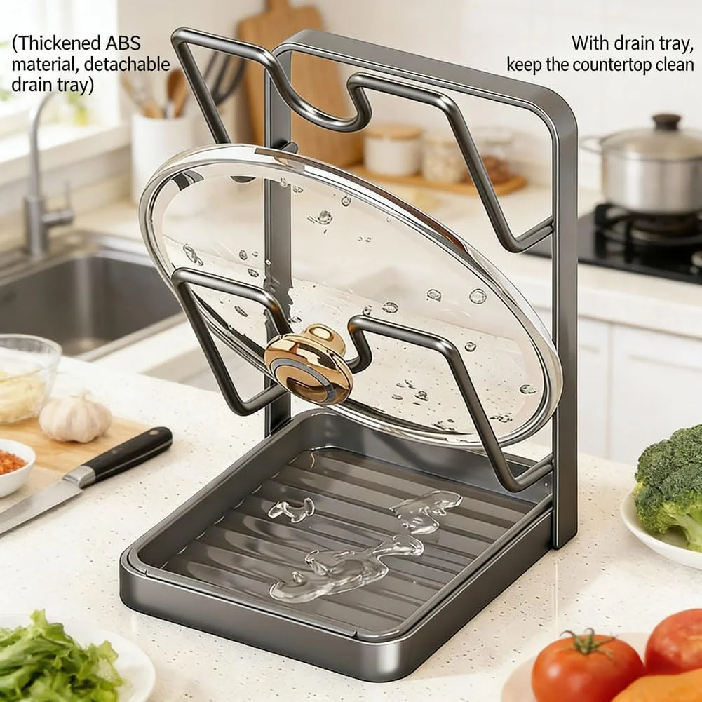 Kitchen Pot Lid Storage Rack, Stainless Steel Pot Lid Holder While Cooking & Spoon Rest, Multifunctional Pot Lid Organizer with Removable Drip Tray for Countertop, Space-Saving Lid Rack