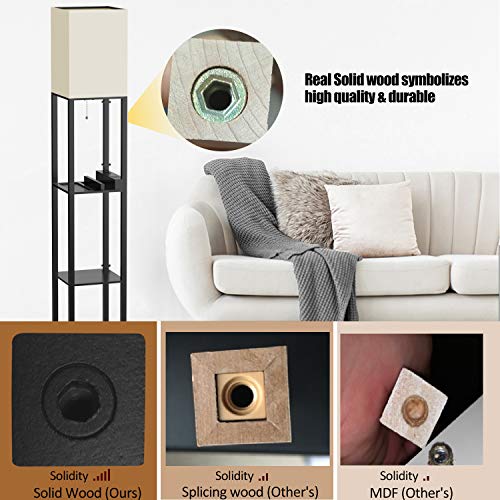 PAZZO Floor Lamp with Shelves by Solid Wood, Modern Shelf Floor Lamp with 3 Color Temperature, Linen Lampshade and Storage Shelves for Living Room, Bedroom, Bulb Included(Black)