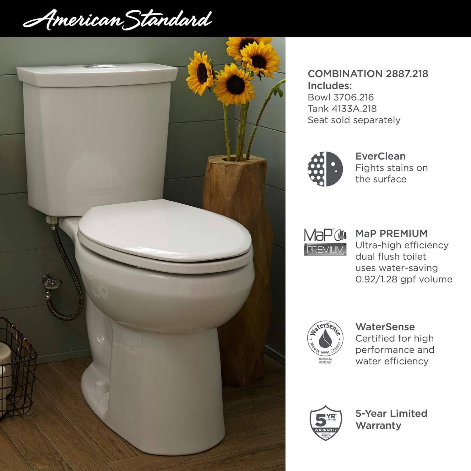 American Standard H2Option Dual Flush Elongated Two-Piece Toilet, White