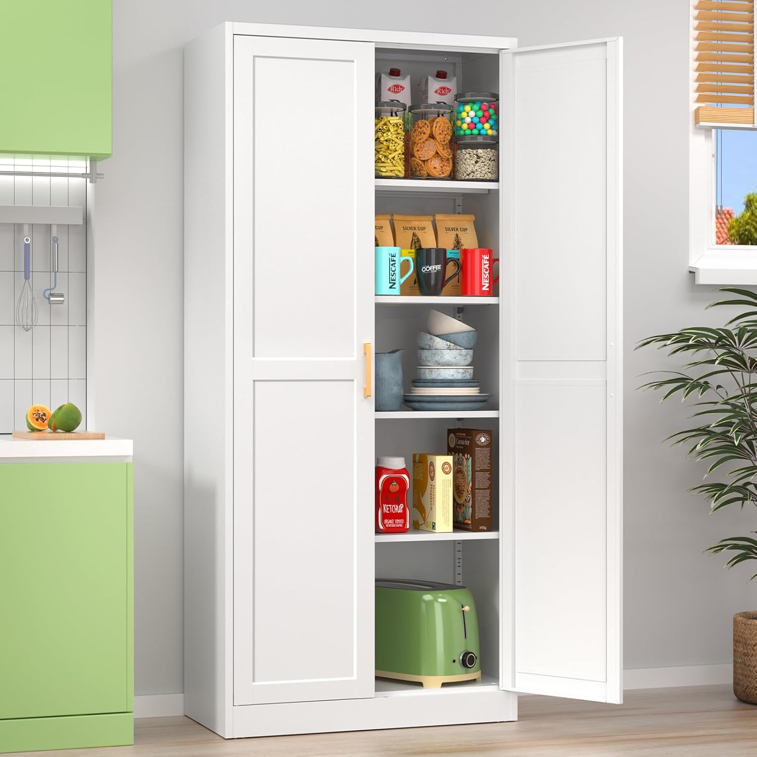 71''Kitchen Pantry Storage Cabinet,Freestanding Kitchen Pantry Cabinet,White Cabinets with Doors and Shelves, Tall Kitchen Storage Cabinet,Food Pantry Cabinet for Kitchen Pantry