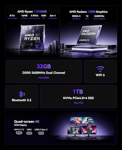 KAMRUI Mini PC with AMD Ryzen 7 5825U, 16GB DDR4 512GB M.2 SSD Mini Computer, Mini Gaming PC with USB Type-C, Desktop Computer Supports Triple 4K Display, WiFi 6, BT 5.2