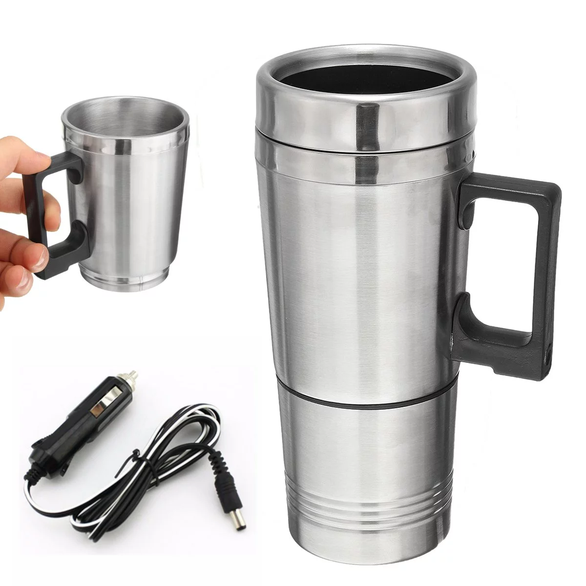 Stainless Steel 12V 500ml Car Auto Heating Cup, Electric Insulated Coffee Mug Kettle Boiler Water Heater Thermoses Vehicle Coffee Maker Tea Pot Travel Heater Cup Bottle, with Anti-Spill Lid