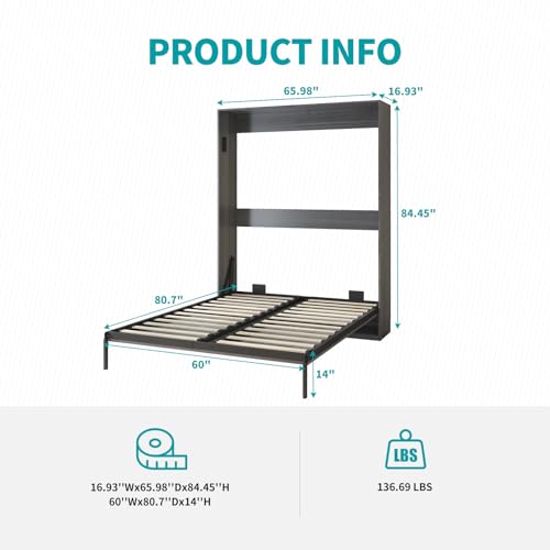 BALUS Murphy Bed Cabinet, Large Murphy Bed, Guest Room Folding Wallbeds Hidden Bed Wall Unit, Can be Folded into a Cabinet,White