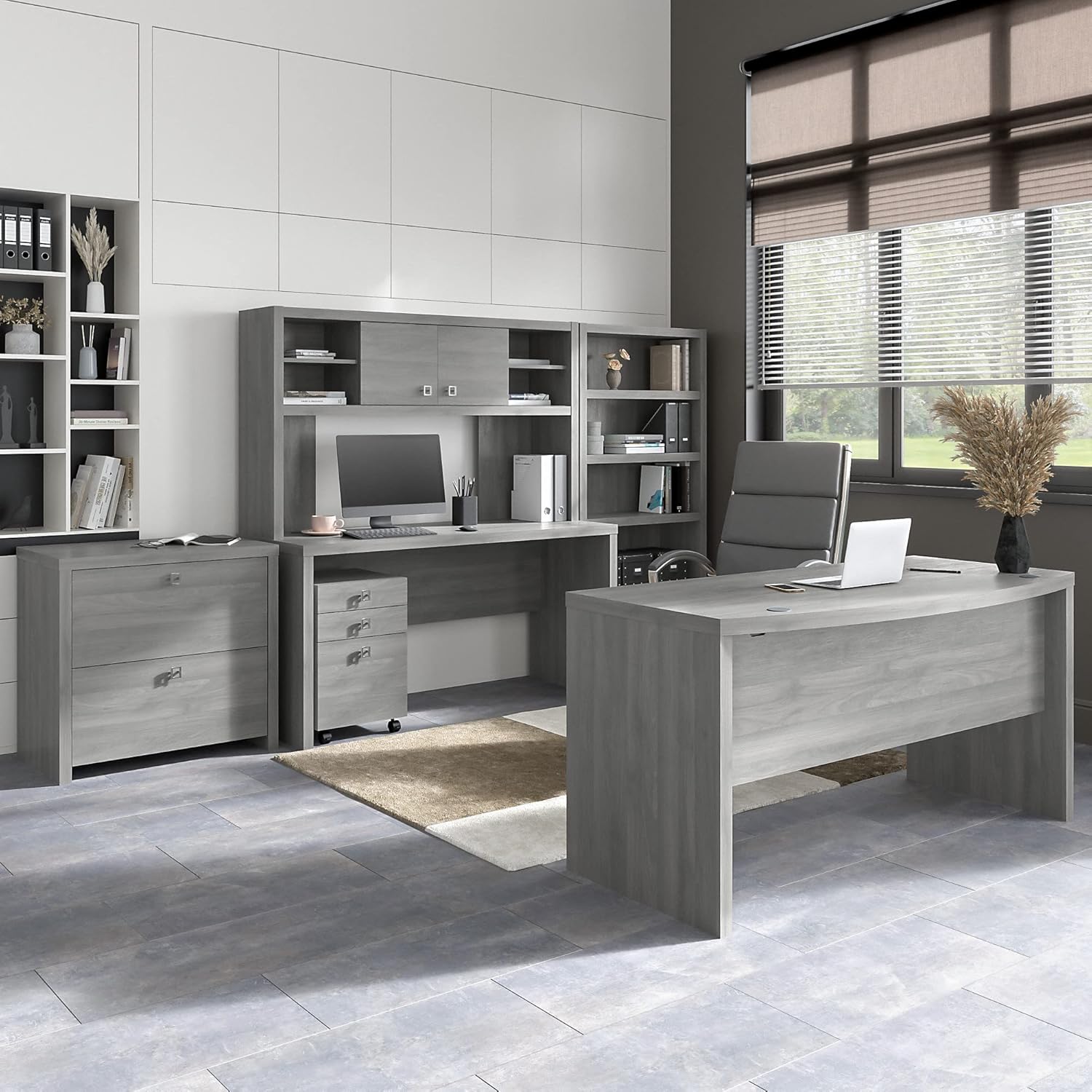 Bush Business Furniture Echo Bow Front Desk, Credenza with Hutch, Bookcase and File Cabinets, Modern Gray