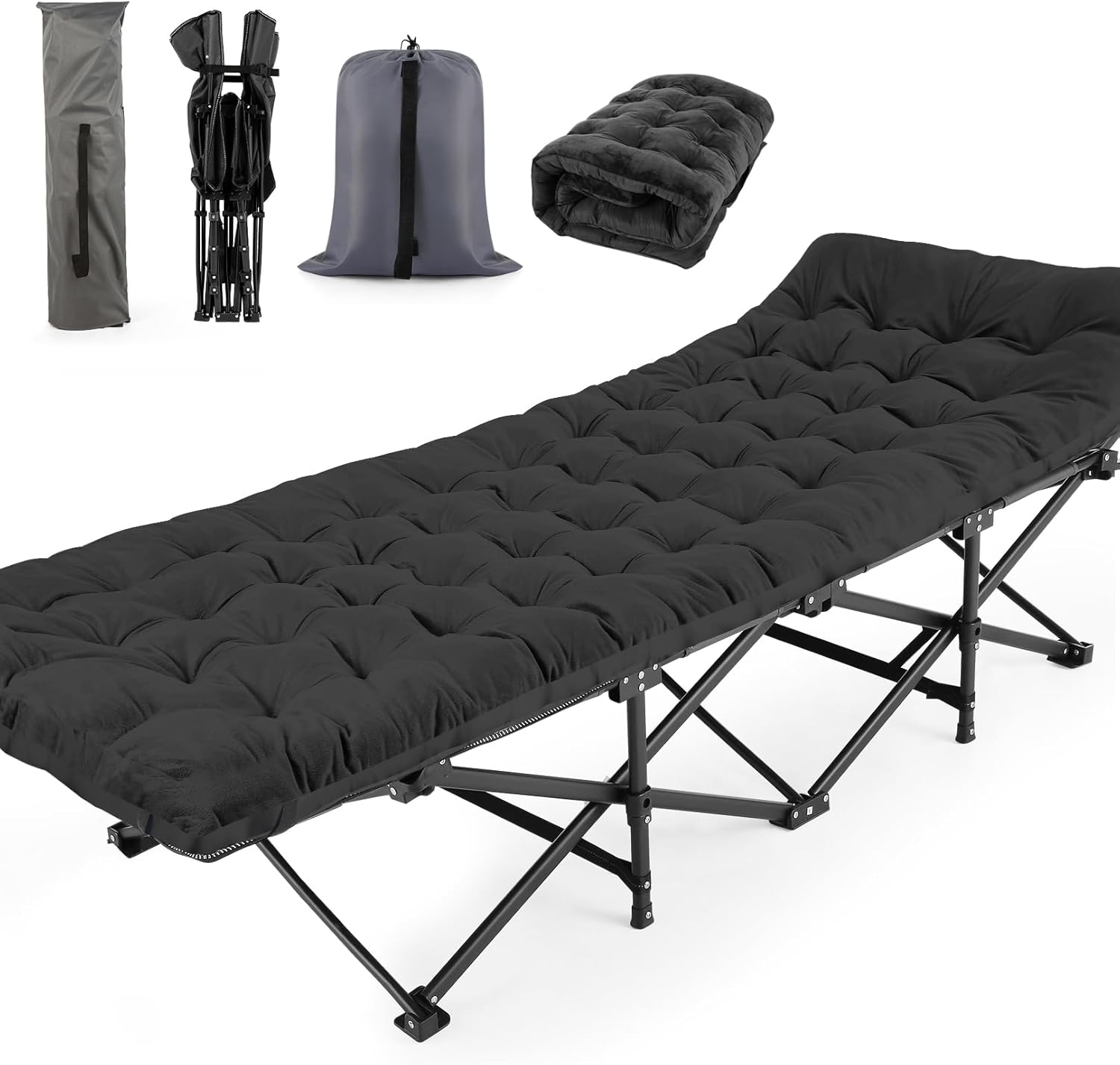 Nictemaw Folding Camping Cot, Portable Camping Cot for Adults, 900LBS Heavy Duty Sleeping Cots with Carry Bag, Double Layer Oxford Portable Travel Camp Cots (Upgraded Velvet Pad-Black)