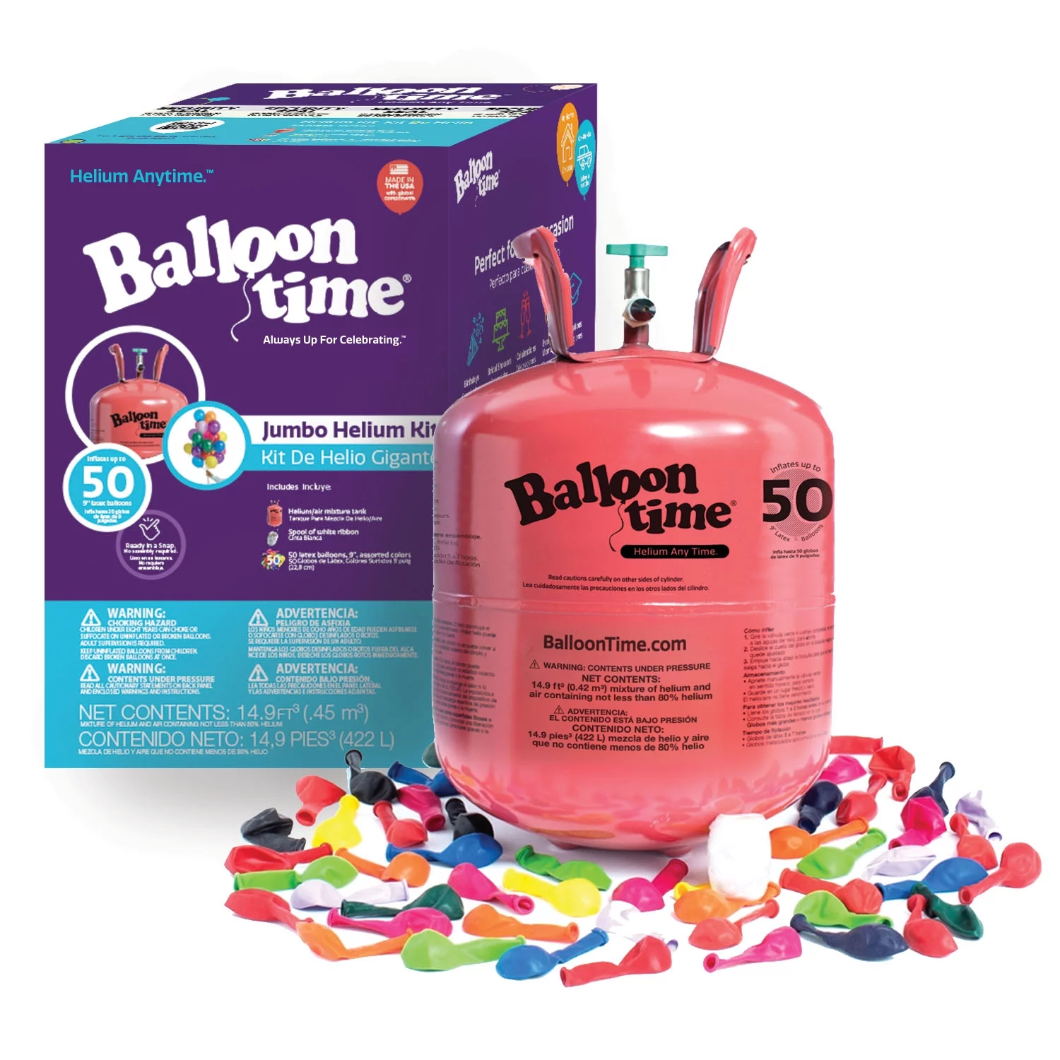 Balloon Time 12in Jumbo Helium Tank Kit with Colorful Latex Balloons - Radiant Selections