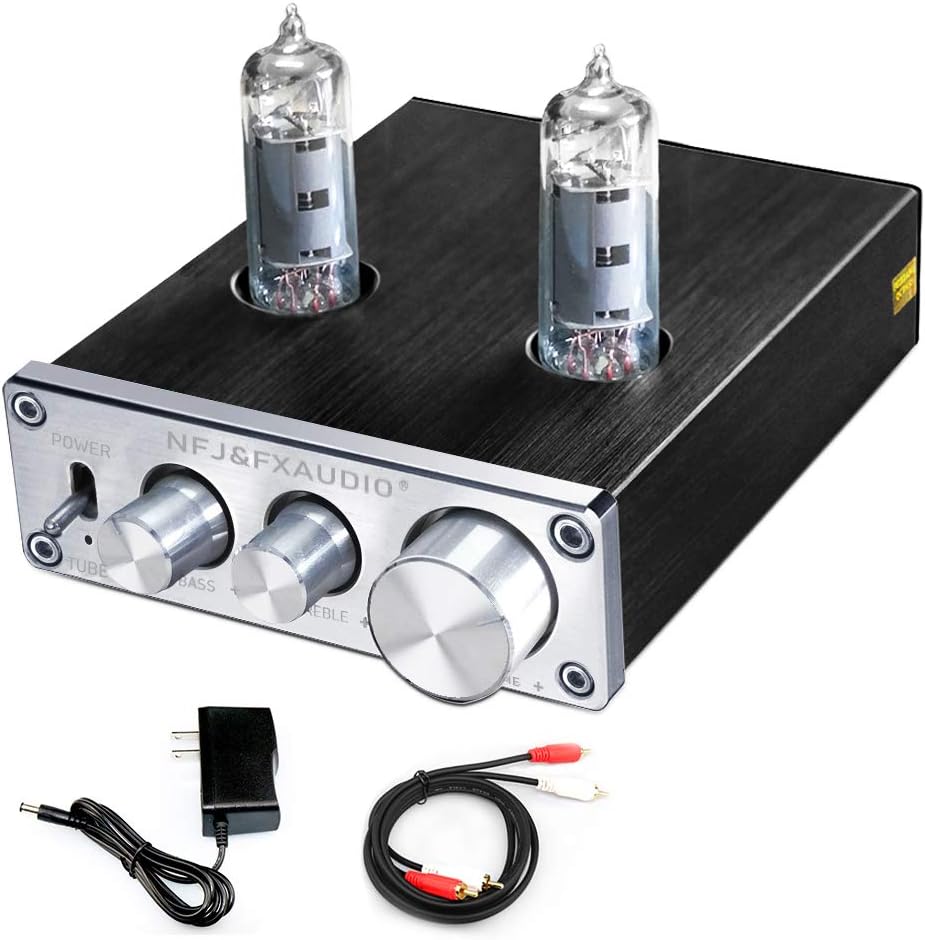 FX-AUDIO TUBE-03 Tube Preamplifier 6K4 Tube Hi-Fi Tube Preamp with Bass & Treble Control Home Theater Stereo Audio Preamplifier DC 12V (Silver) Pack of 2