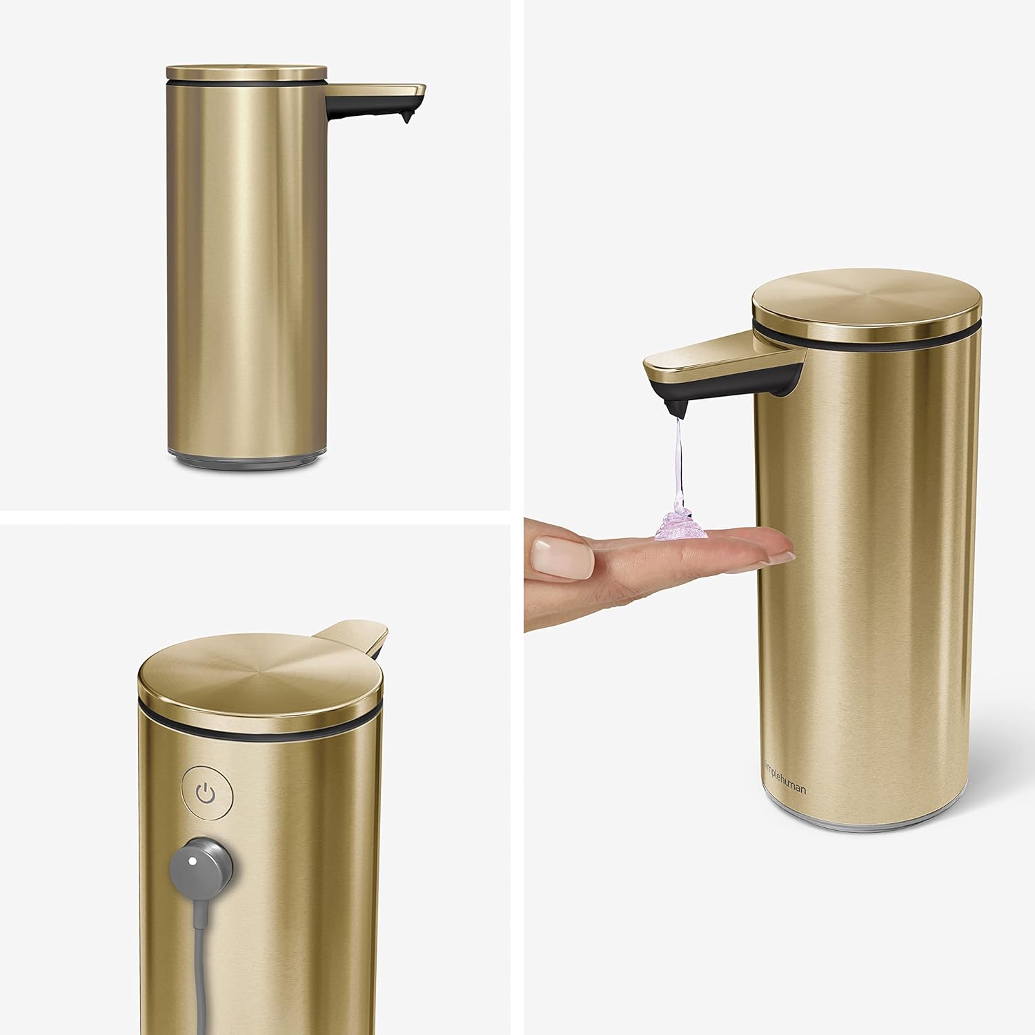 simplehuman 9 oz. Touch-Free Rechargeable Sensor Liquid Soap Pump Dispenser, Brass w/ Black Trim