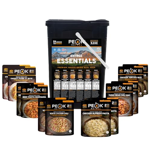 Peak Refuel Essentails Bucket | 100% Real Meat | Premium Freeze-Dried Meals for Backpacking, Camping & Survival | 24 Servings | MRE Emergency Food