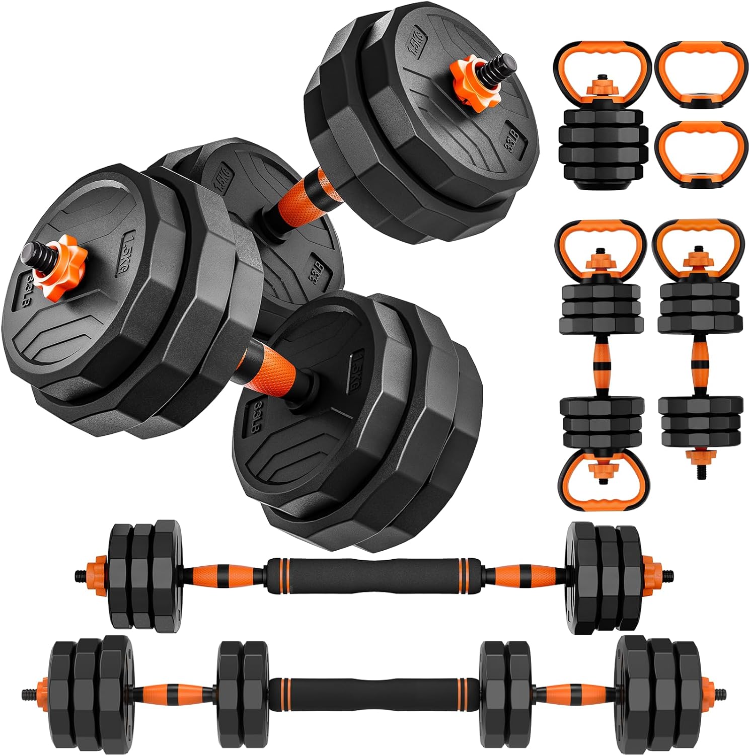 Adjustable Weight Dumbbell Set, 44LB Free Weights 4 in 1 Weight Set for Home Gym, Used as Barbell, Kettlebell with Star Collars, Fitness Exercise Dumbbell Set for Men Women