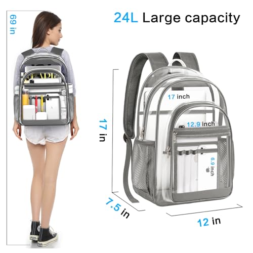 Clear Backpack, Heavy Duty Transparent Backpack with Reinforced Bottom Multi-pockets See Through Backpack for College Work Travel Security - Gray