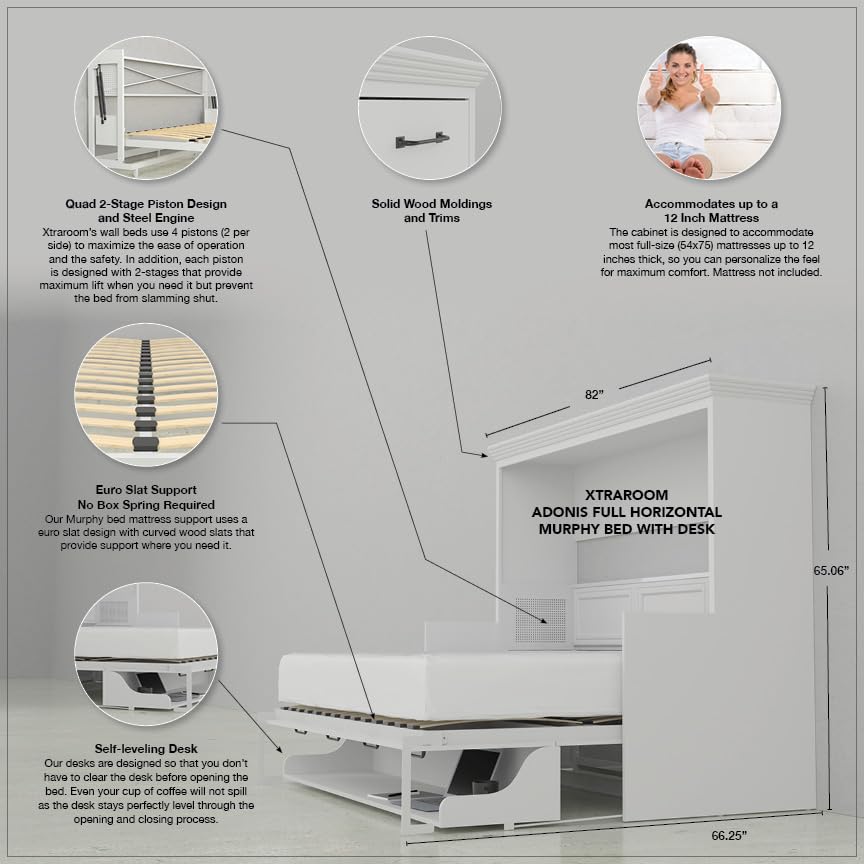 Adonis Full Murphy Bed with Desk - Horizontal Murphy Bed | Engineered and Solid Wood Construction - No Melamine Used | Smooth Painted Finish | Home Office Desk Bed Full Size