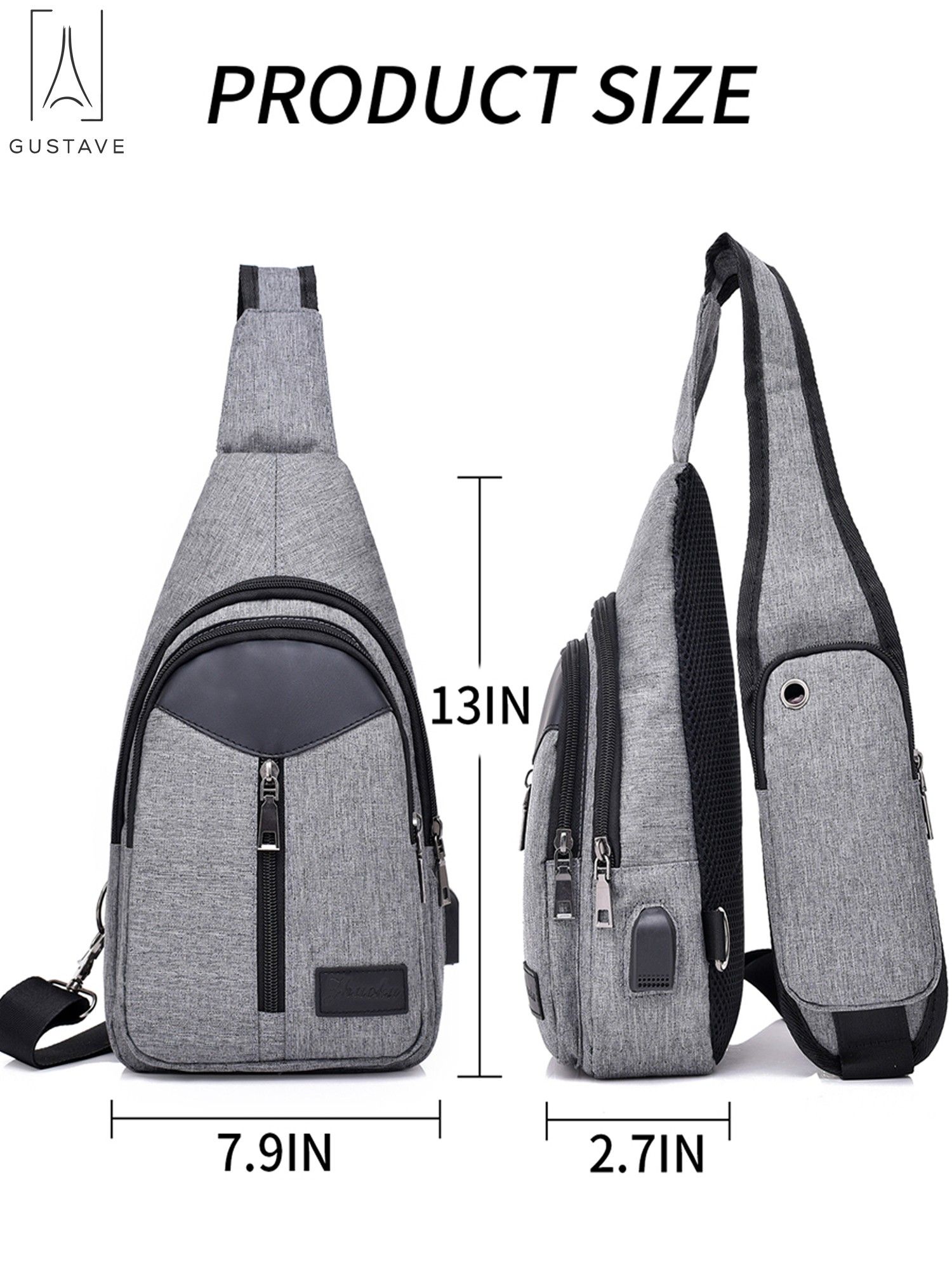 Gustave Men's Nylon Chest Sling Bag Cycle Backpack Shoulder Crossbody with USB Charge Port Travel Daypack Casual Rucksack 