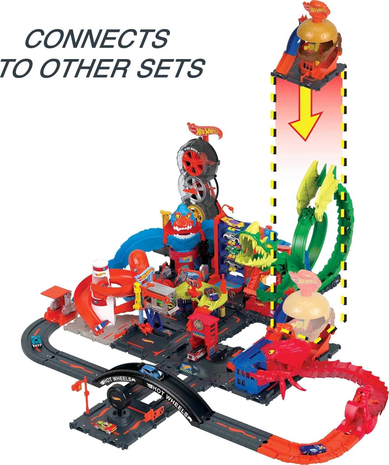 Hot Wheels Toy Car Track Set, City Burger Drive-Thru Playset & 1:64 Scale Car, Connects to Other Sets & Tracks