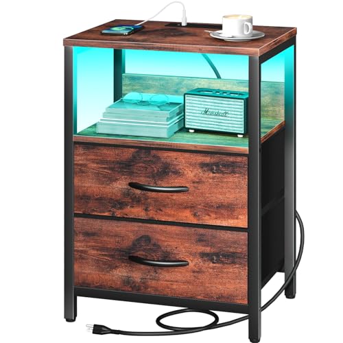 Yoobure Nightstand with Charging Station, LED Night Stand with Fabric Drawers and Storage Shelf for Bedroom, Nightstands Bedside Tables with USB Ports & Outlets, Small Night Stands, Bed Side Table