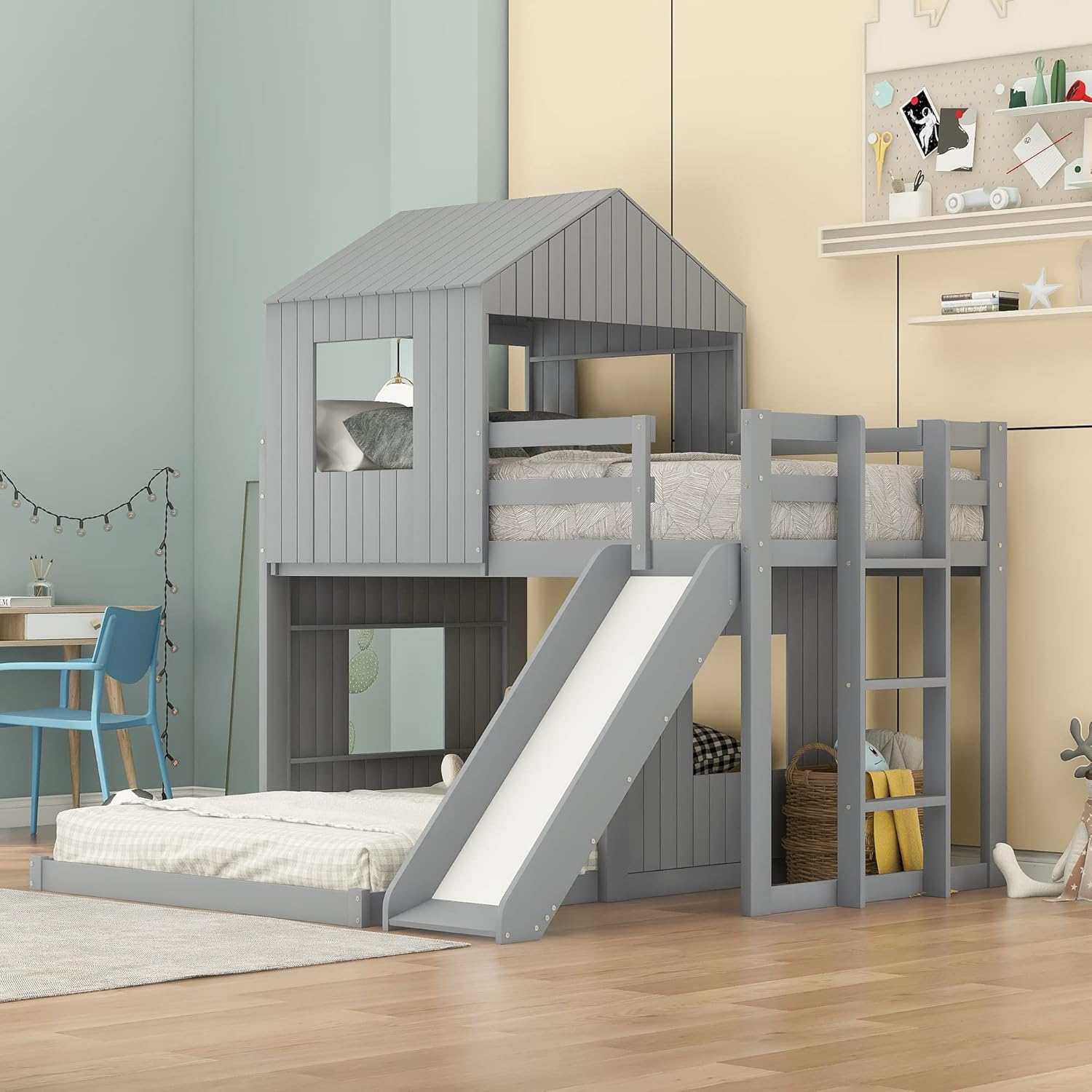 Twin Over Full Bunk Bed, Wood House BunkBed Frame with Ladder, Slide and Guardrails for Kids Teens, No Box Spring Needed, Space-Saving Design, Gray