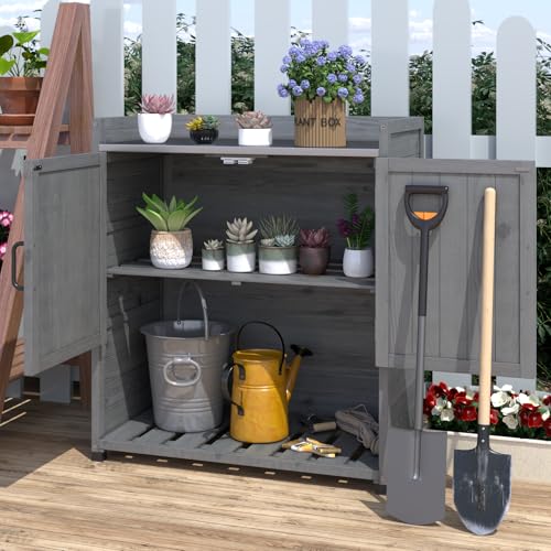 AECOJOY Outdoor Storage Cabinet&Potting Bench Table, Garden Wooden Work Bench with Adjustable Shelf, Patio Tool Work Station Planting Table with Metal Tabletop, Grey