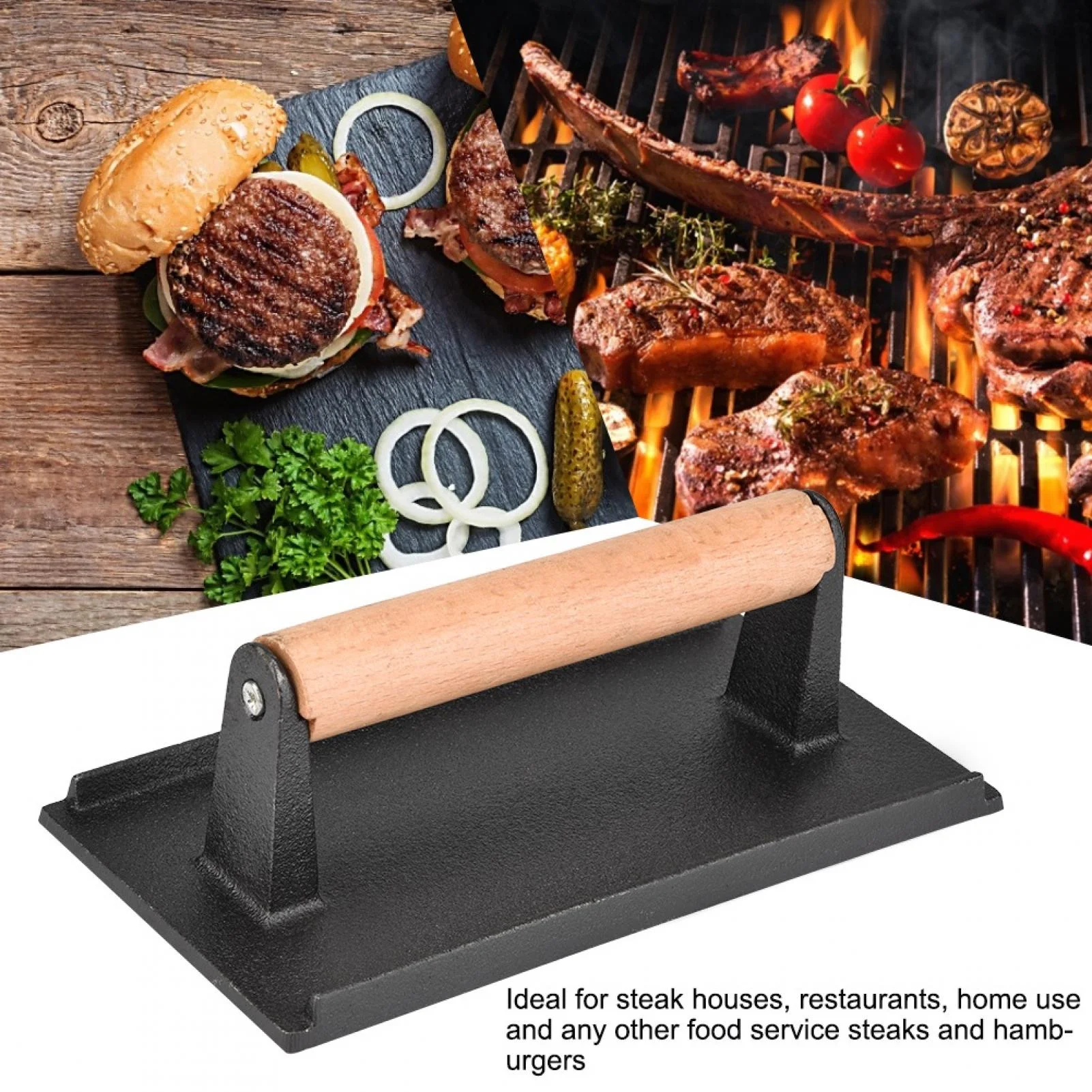 Nikou Steak Press - Commercial Cast Iron Steak Weight Wooden Handle Bacon Grill Hamburger Press cooks faster and does not curl