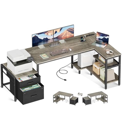 Casaottima L Shaped Desk with Drawers & File Cabinet, 55 Inch Computer Desk with Storage Shelves & CPU Stand, Corner Desk with Power Outlets, Reversible L Desk for Home Office, Rustic Brown