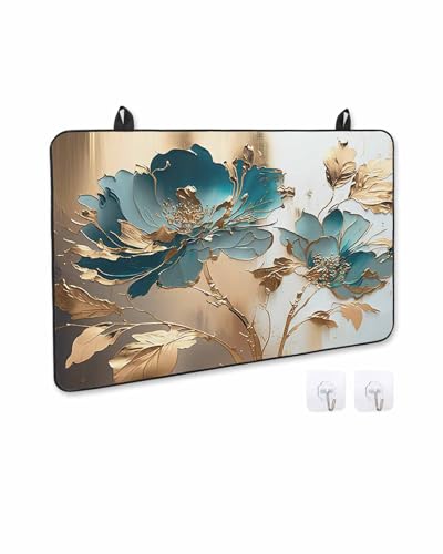 Induction Cooktop Protector Mats 24x21IN, Teal Floral Blossom Gold Foil Leaves Stove Top Covers Mat Cooker Scratch-Proof Pats for Electric Induction Stove Baking Kitchen Abstract Gradient Flower Art