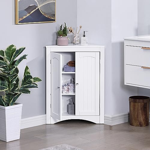 Corner Bathroom Cabinet with Doors Shelves,Triangular Corner Storage Cabinet for Kitchen Living Room Bedroom Office (White 1)