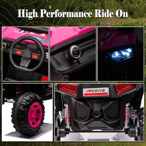 24V Ride on Car Kids Side by Side with Remote Control, 2 Seater 4WD Kids UTV Off-Road Power Wheels,Battery Powered Kids Cars to Drive w/ 4x100W Engine,3 Speeds,Bluetooth,LED Lights (Pink)