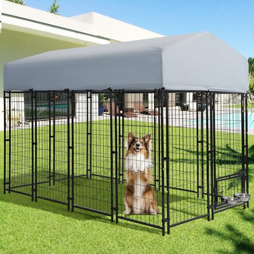 Grepatio 8x4x5.7 FT Outdoor Dog Kennel with Roof, Heavy Duty Dog Cage for Large Dogs, Outside Dog Enclosure with 2 Rotating Dogs Bowls, Welded Wire Steel Dog Run Playpen Fence with Secure Lock
