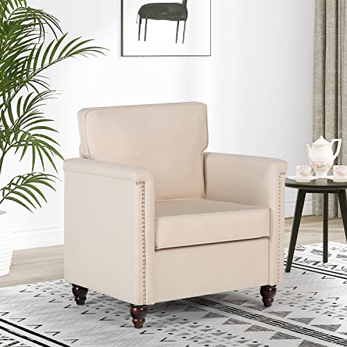 AILEEKISS Accent Chairs Set of 2 for Living Room Upholstered Arm Chairs Traditional Chesterfield Armchair Bedroom Reading Chairs for Adults Comfy Fabric Single Sofa Chair (2, Beige)