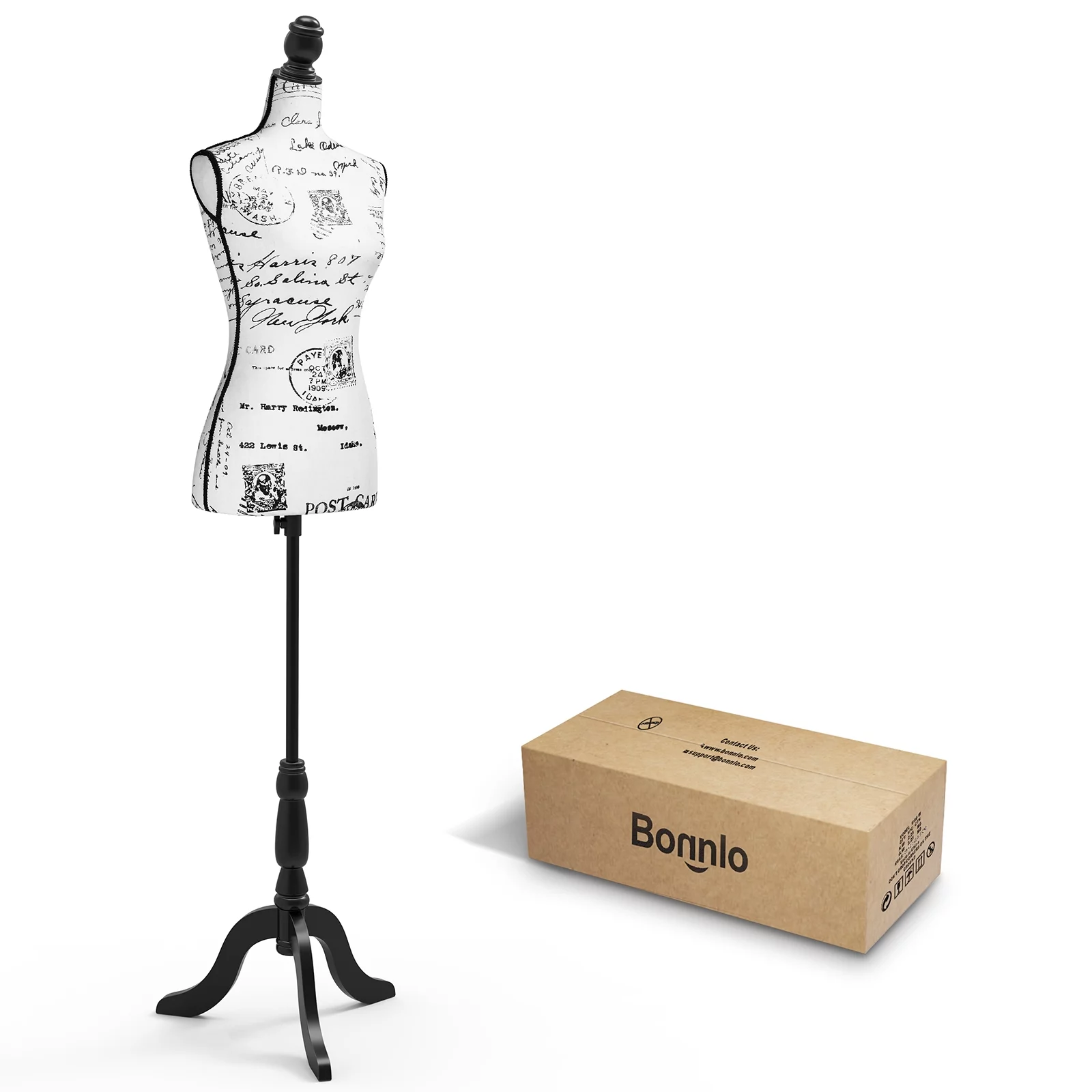 Bonnlo Female Dress Form Pinnable Mannequin Body Torso with Wooden Tripod Base Stand (Monogram Pattern, 6)
