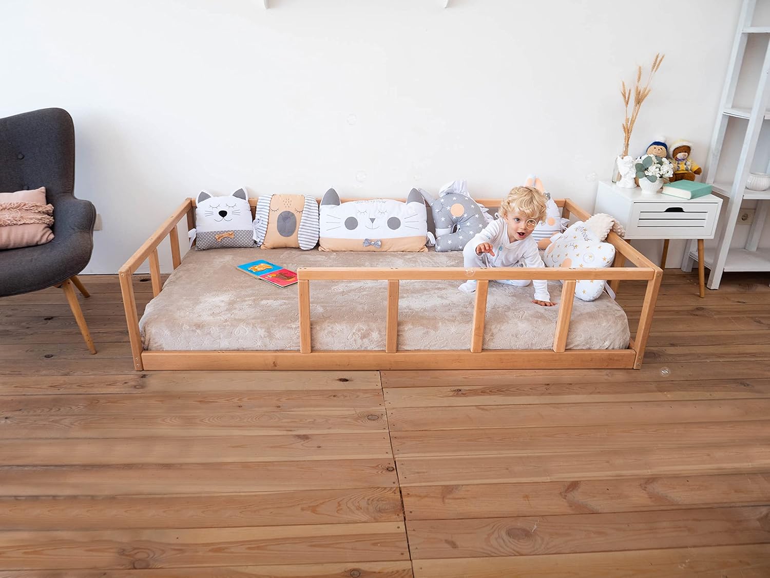 BUSYWOOD Platform Bed for Nursery - Bedroom Furniture for Toddlers - Montessori Floor Bed in Playroom for Boy and Girl (Model 10, Floor Bed without Slats)