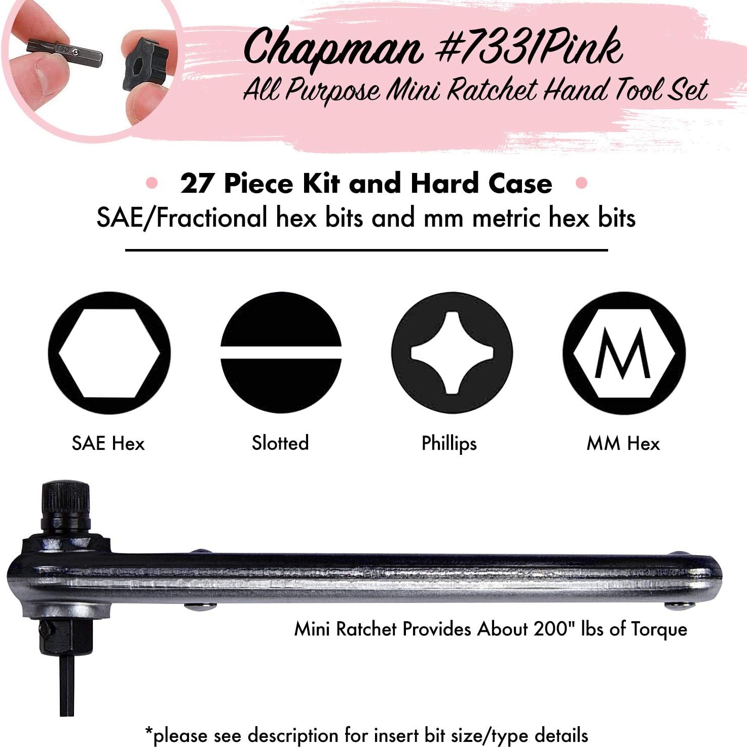 Chapman MFG 7331 All-Purpose Standard Screwdriver Set - Includes Phillips, SAE Allen Hex & Slotted/Flathead Bits - Complete Set Offers 24 USA Made Insert Bits + Mini Ratchet Hand Tool (Yellow Case)