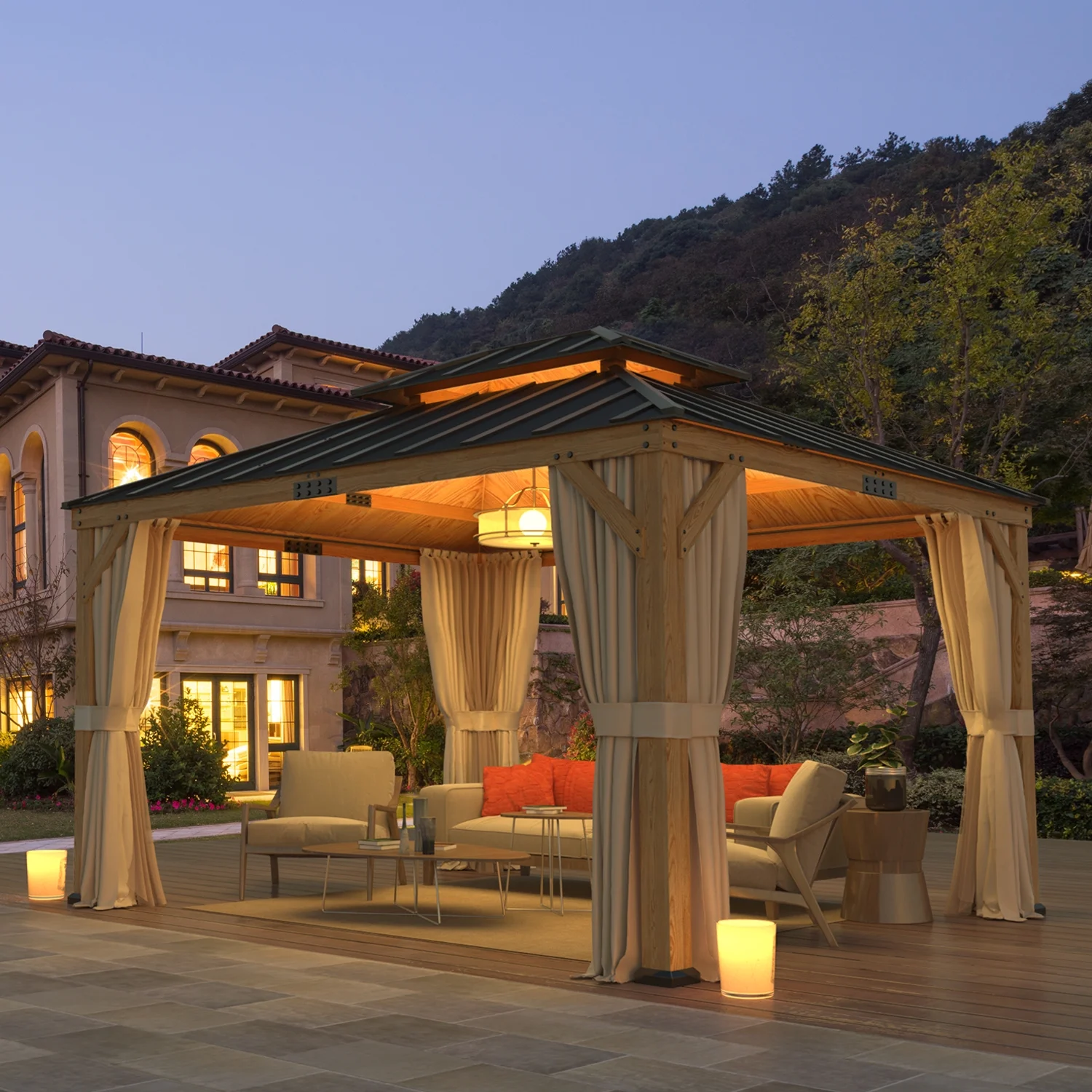 Yoleny 11' x 13' Asphalt Hardtop Gazebo, Spruce Wood Double Roof Gazebo with Curtains and Meshes, Canopy Gazebo with Waterproof Coated Wood Frame for Patios, Gardens, Lawns, and Backyards