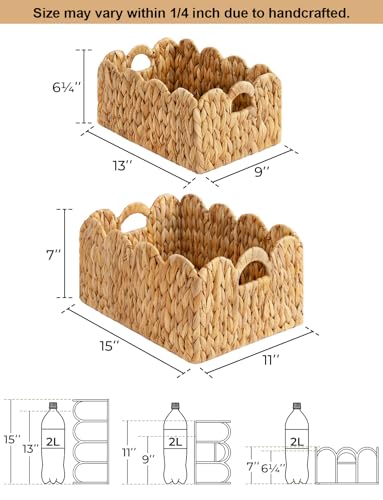 StorageWorks Scalloped Wicker Basket, Nursery Basket with Handles, Woven Rattan Baskets for Organizing, Scalloped Edge Basket Shelf Decorative, Seagrass Storage Baskets Bathroom Living Room, Set of 2