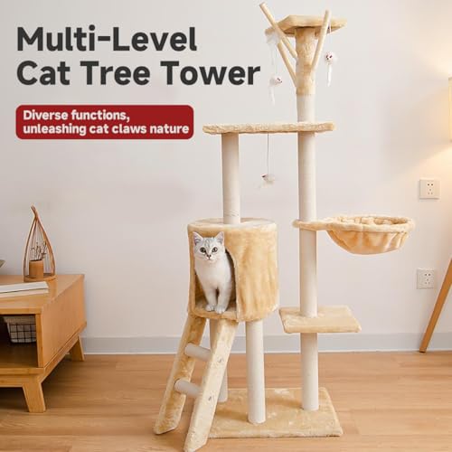 Cat Tree,54.3 inch Tall Cat Tree Tower with Cat Condo and Hammock,Cat Activity Center Large Cat Tree for Indoor Cats,Funny Multi-Level Cat Tree Tower for Cat,Yellow