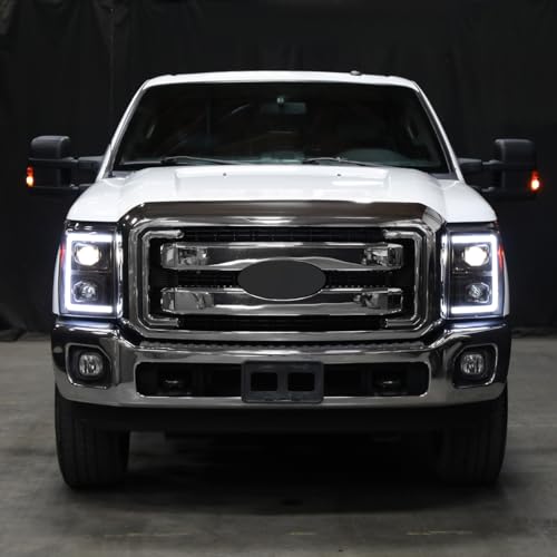 Fits 2011-2016 Ford F250 F350 F450 F550 Super Duty Dual Projector Headlights LED Switchback Sequential Turn Signals + Animated Startup Effect Assembly Pair | Black